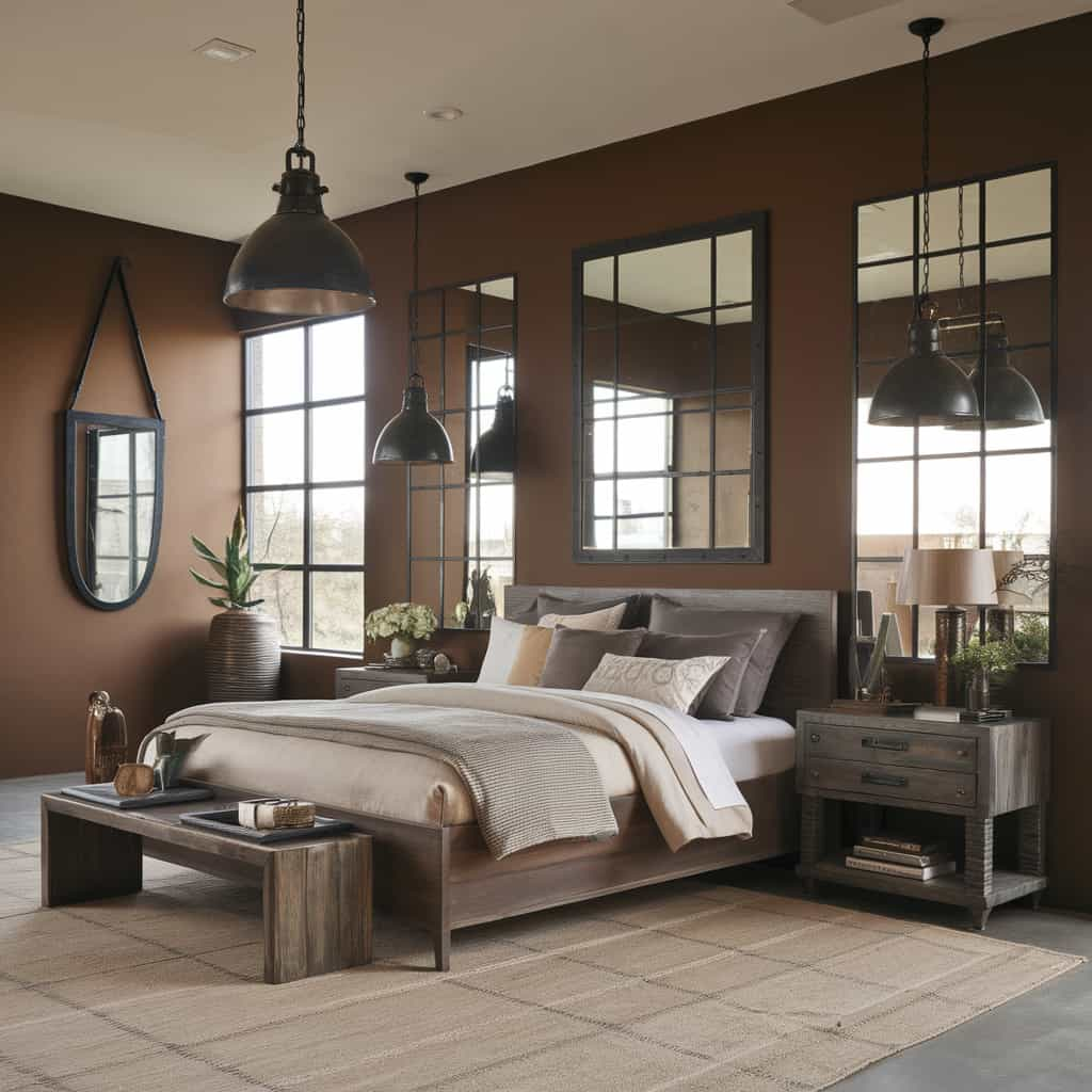 Dark Earthy Bedroom with Industrial Metal Accents