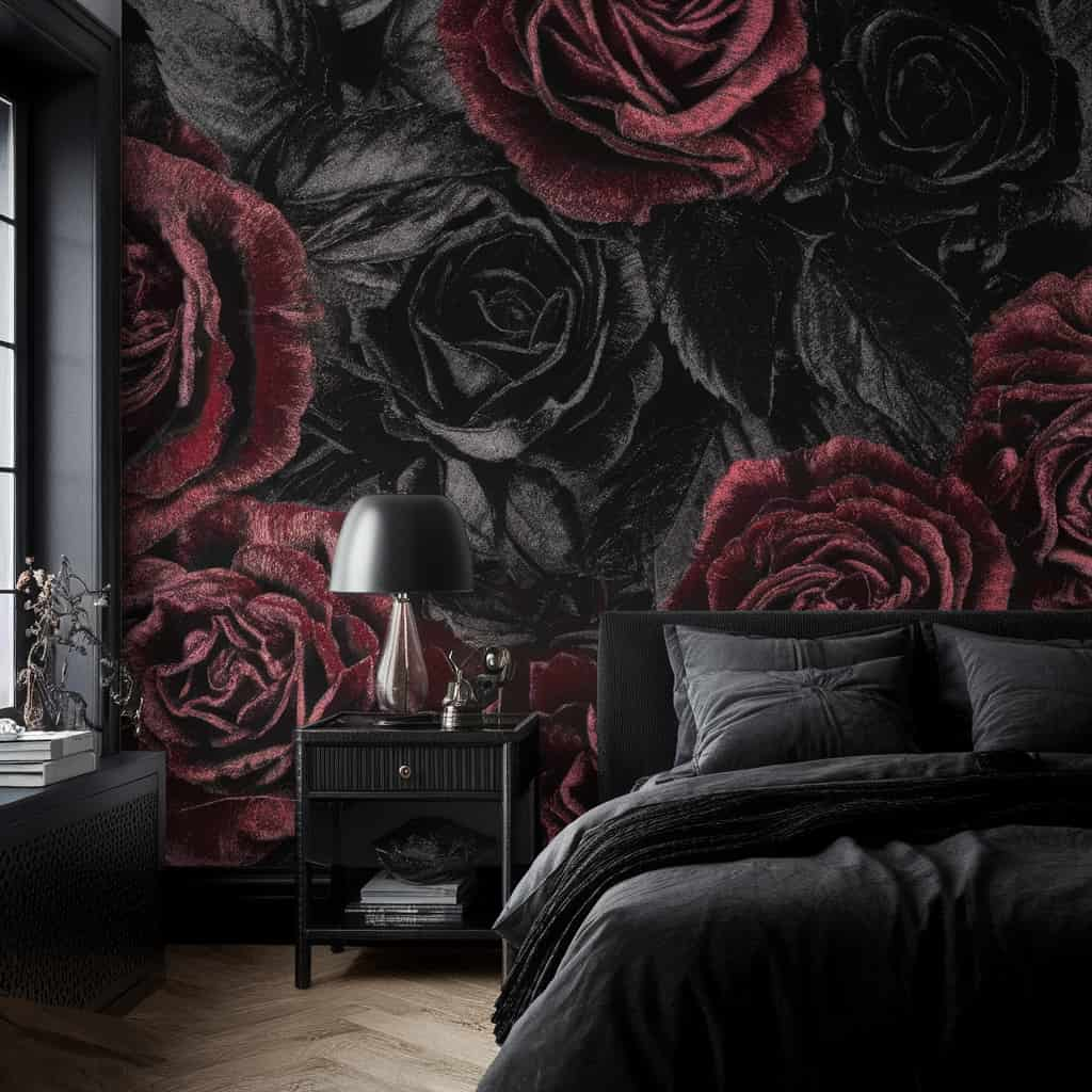 Dark Moody Bedroom with Textured Wallpaper