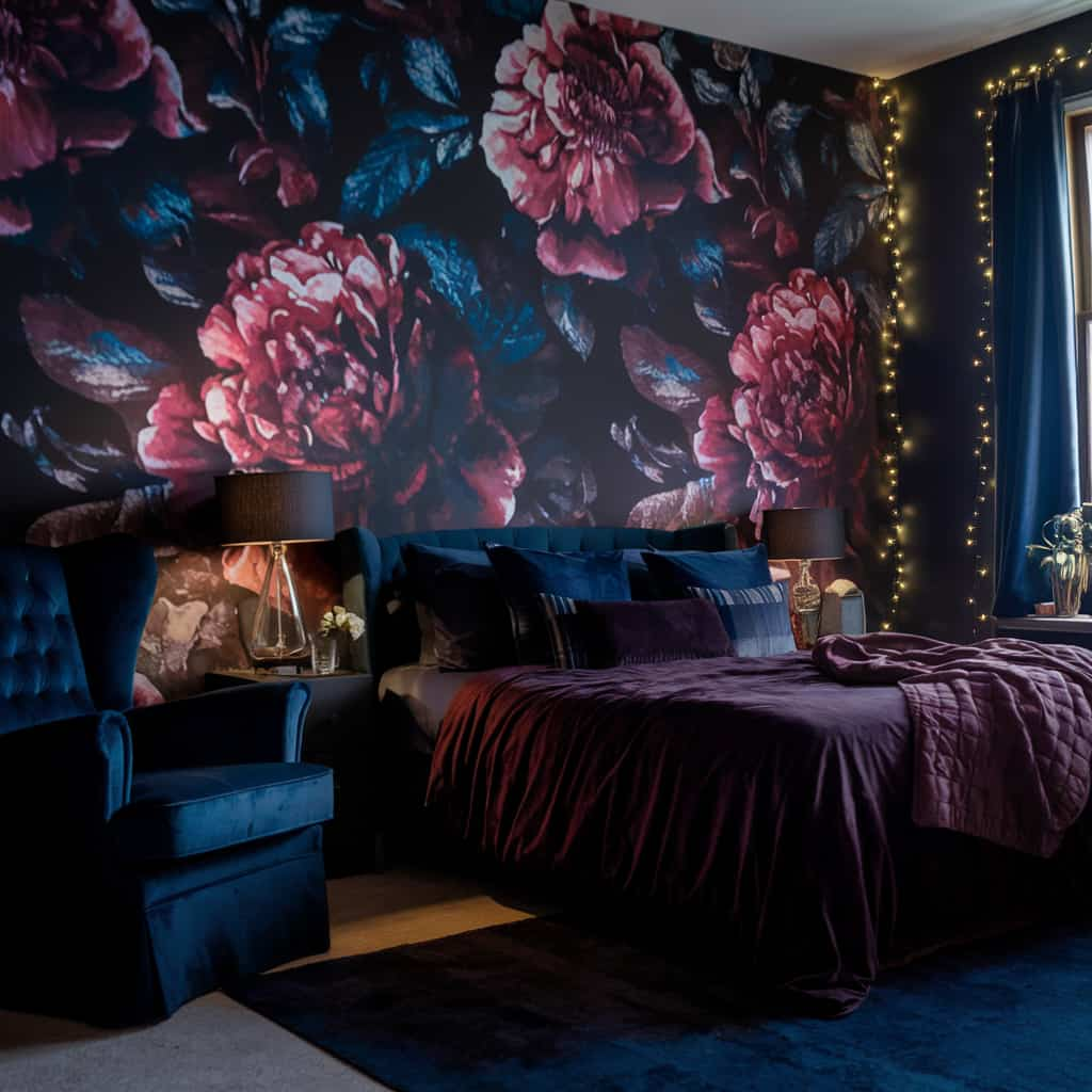 Dark Romantic Bedroom with Moody Floral Wallpaper