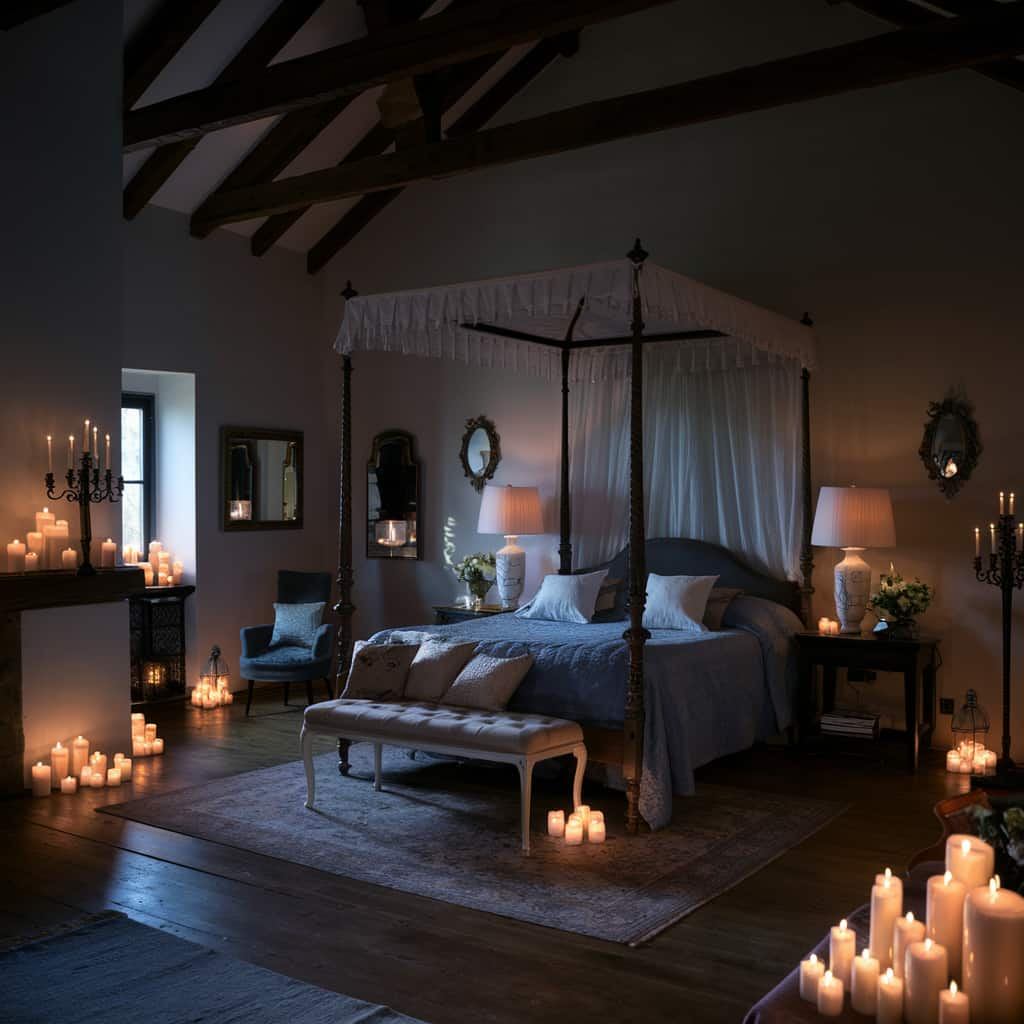 Dark Romantic Bedroom with Candlelit Ambiance