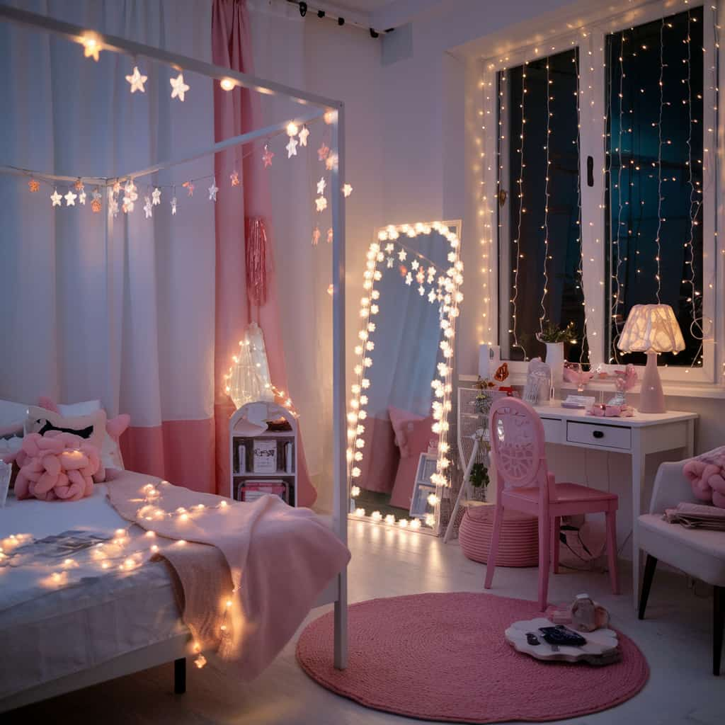 Girly Apartment Decor with String Lights and Fairy Lights