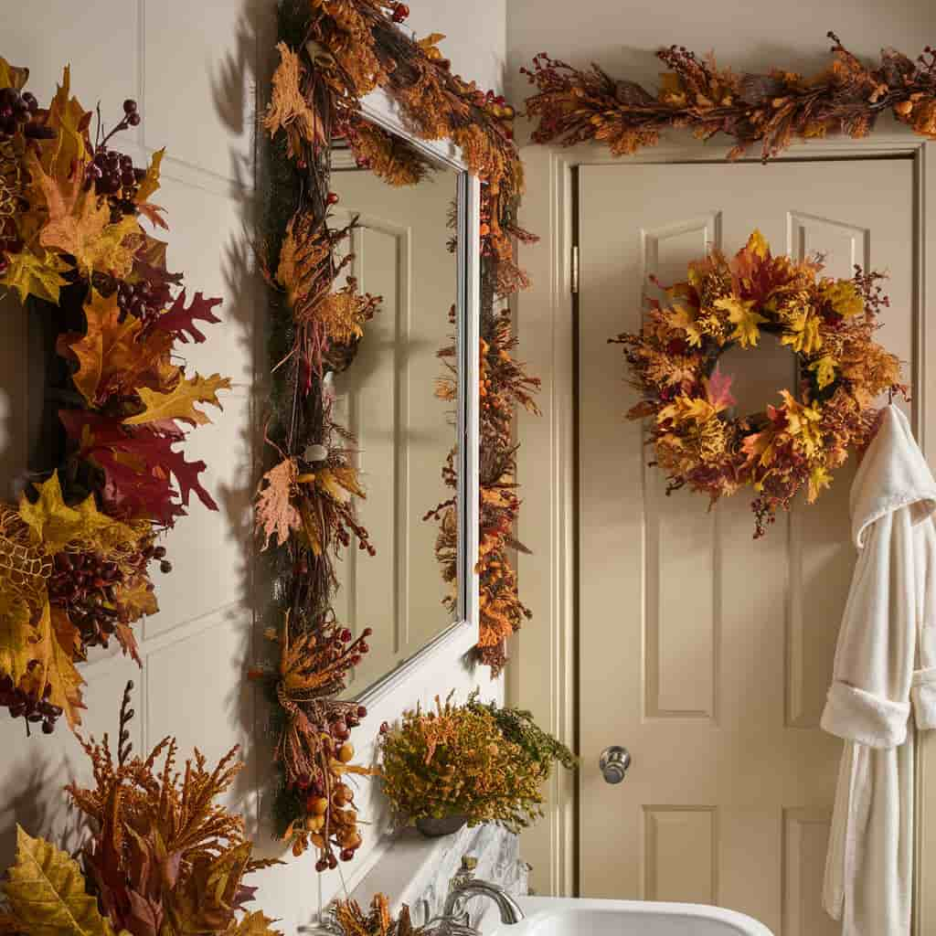 Fall Bathroom Decor with Leafy Wreaths and Garlands