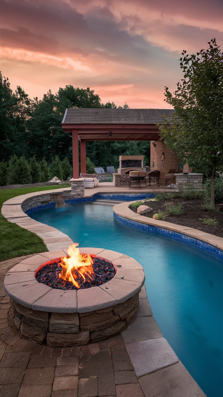 Lazy River Pool Backyard with Rustic Retreat