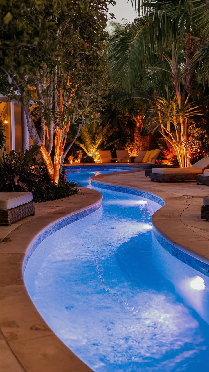 Lazy River Pool Backyard with Nighttime Oasis