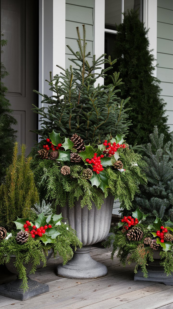 Christmas Porch Decor with Holiday Planters