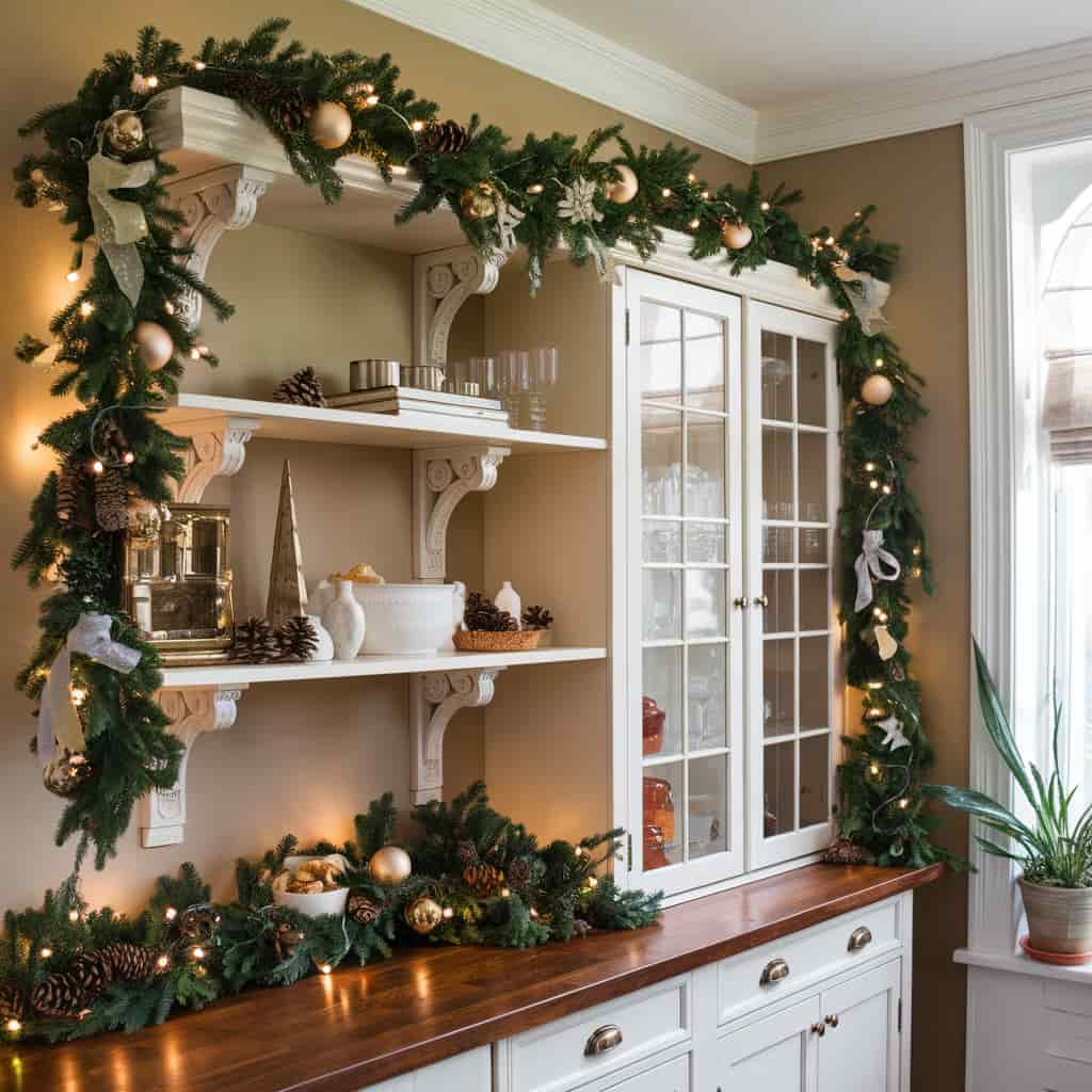 Christmas kitchen decor with Garland on Shelves or Cabinets