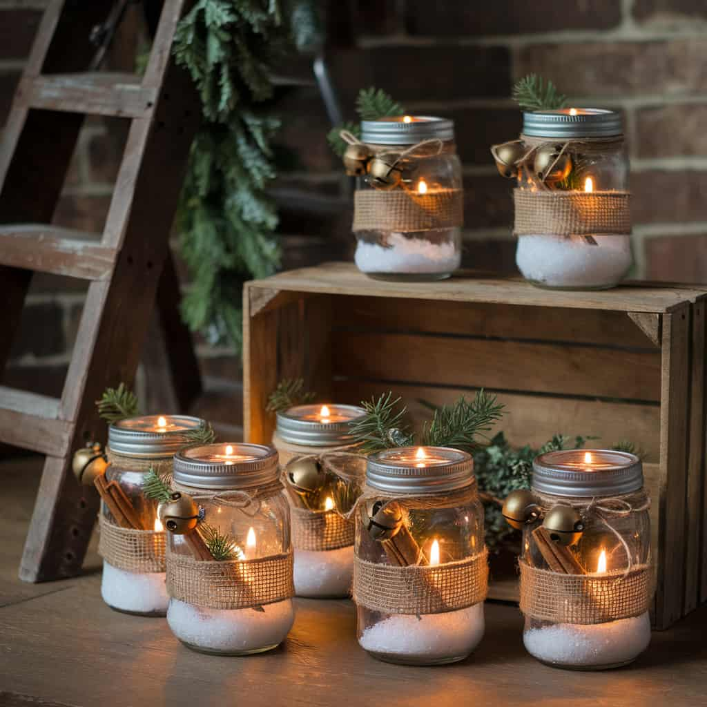 Rustic Christmas decor with Mason Jar Luminaries