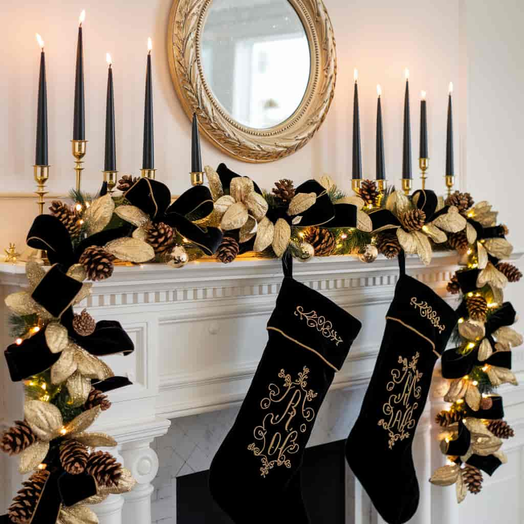 Glamorous Black and Gold Mantel Decor