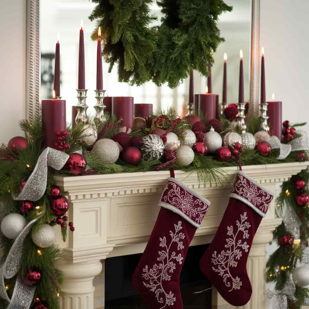 Burgundy and Silver Mantel Decor