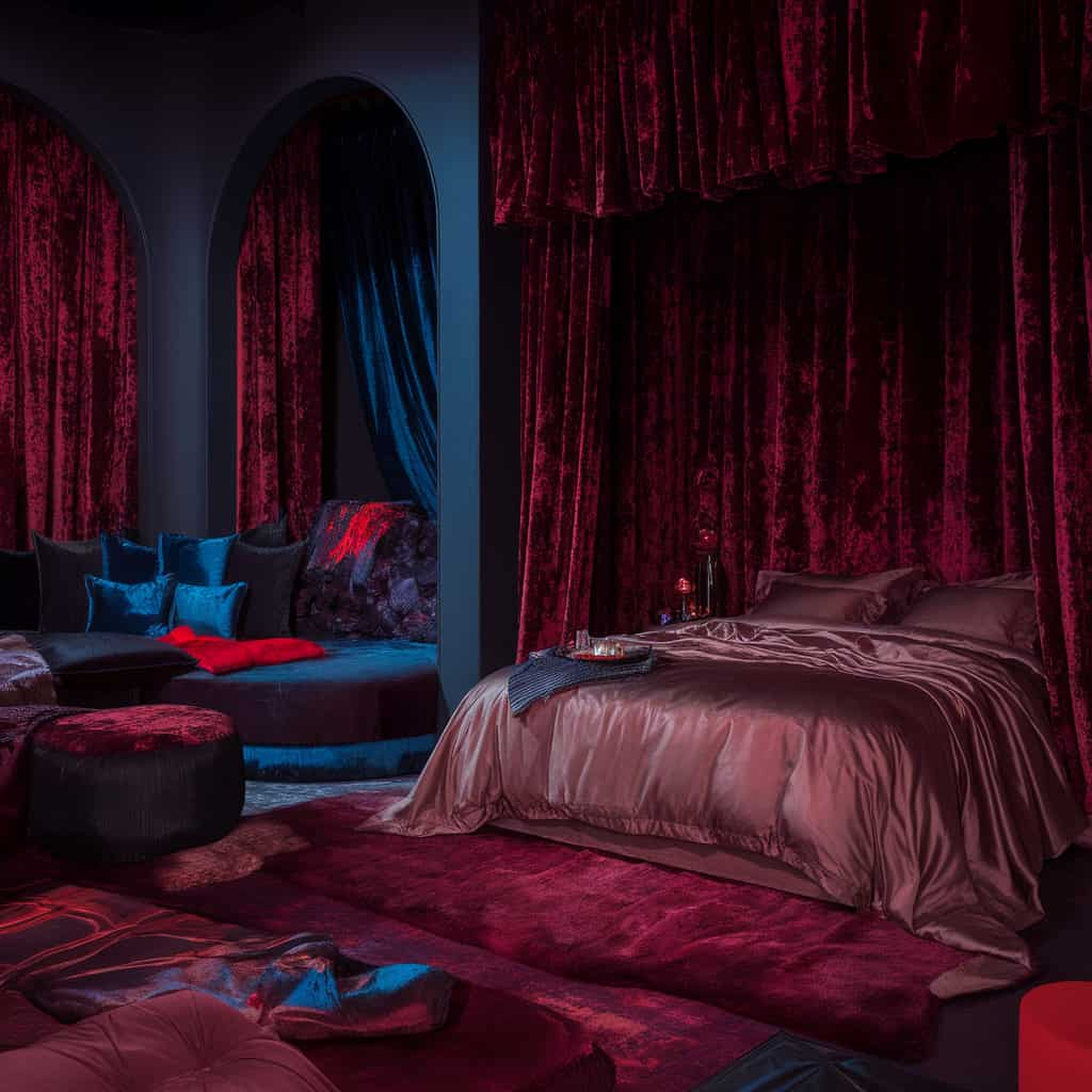 Dark Moody Bedroom with Rich Fabrics