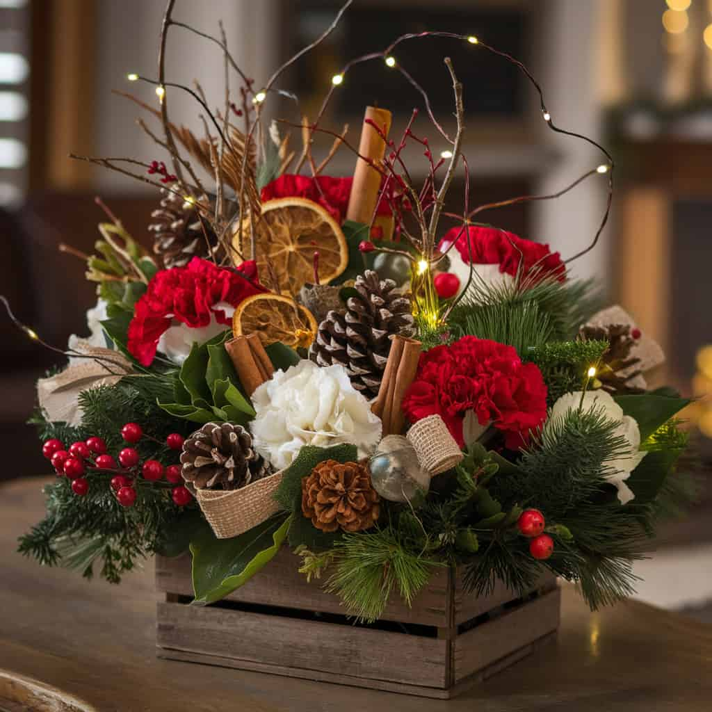 Christmas Flower Arrangements with Rustic Woodland Display