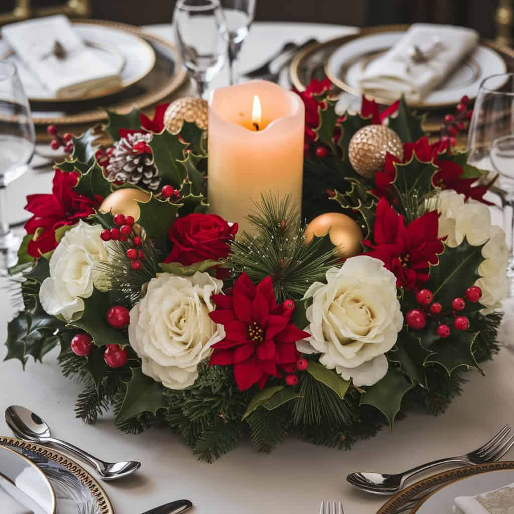 Christmas Flower Arrangements with Candle and Floral Wreath Centerpiece