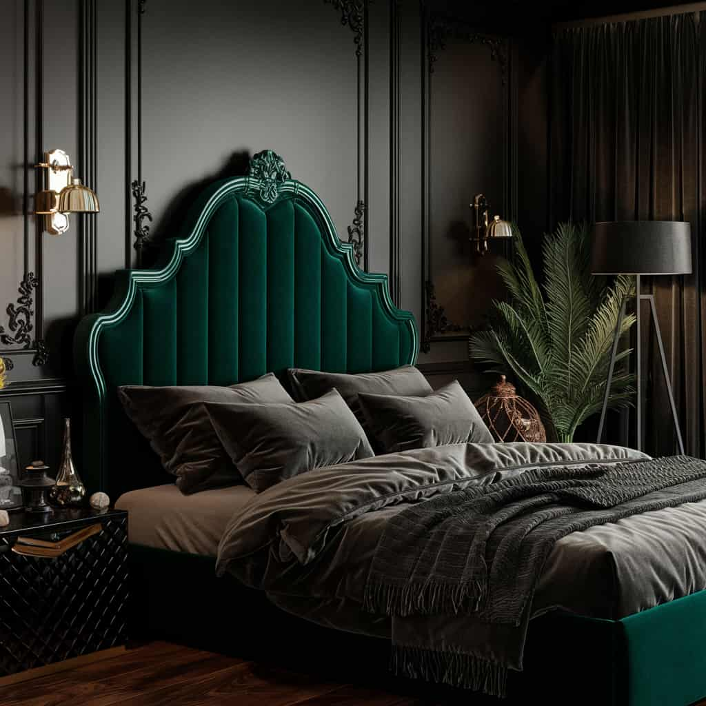 Dark Romantic Bedroom with Velvet Upholstered Headboard