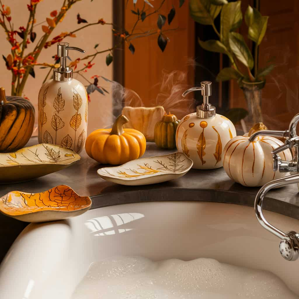 Fall Bathroom Decor with Seasonal Soap Dispensers and Dishes