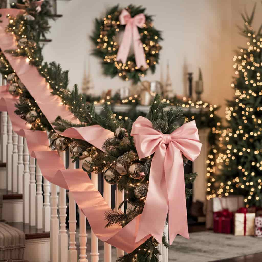 Pink Christmas Decor with Pink Ribbon Garlands