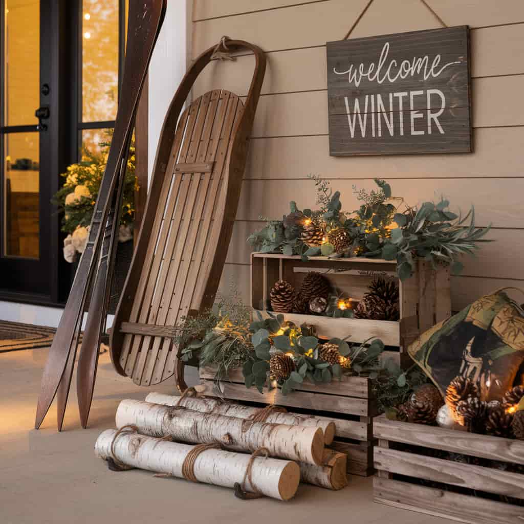 Winter Front Porch Decor Ideas with Rustic Wooden Elements