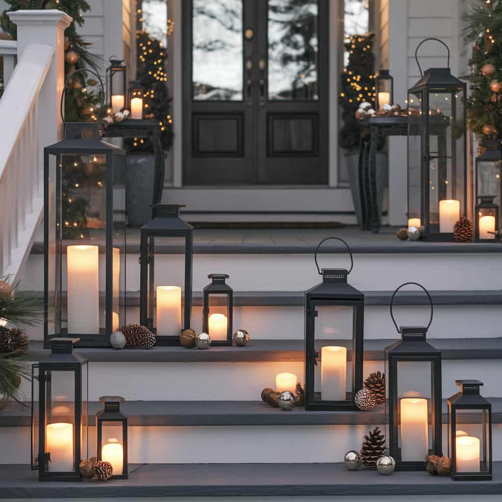 Winter Front Porch Decor Ideas with Lanterns with LED Candles