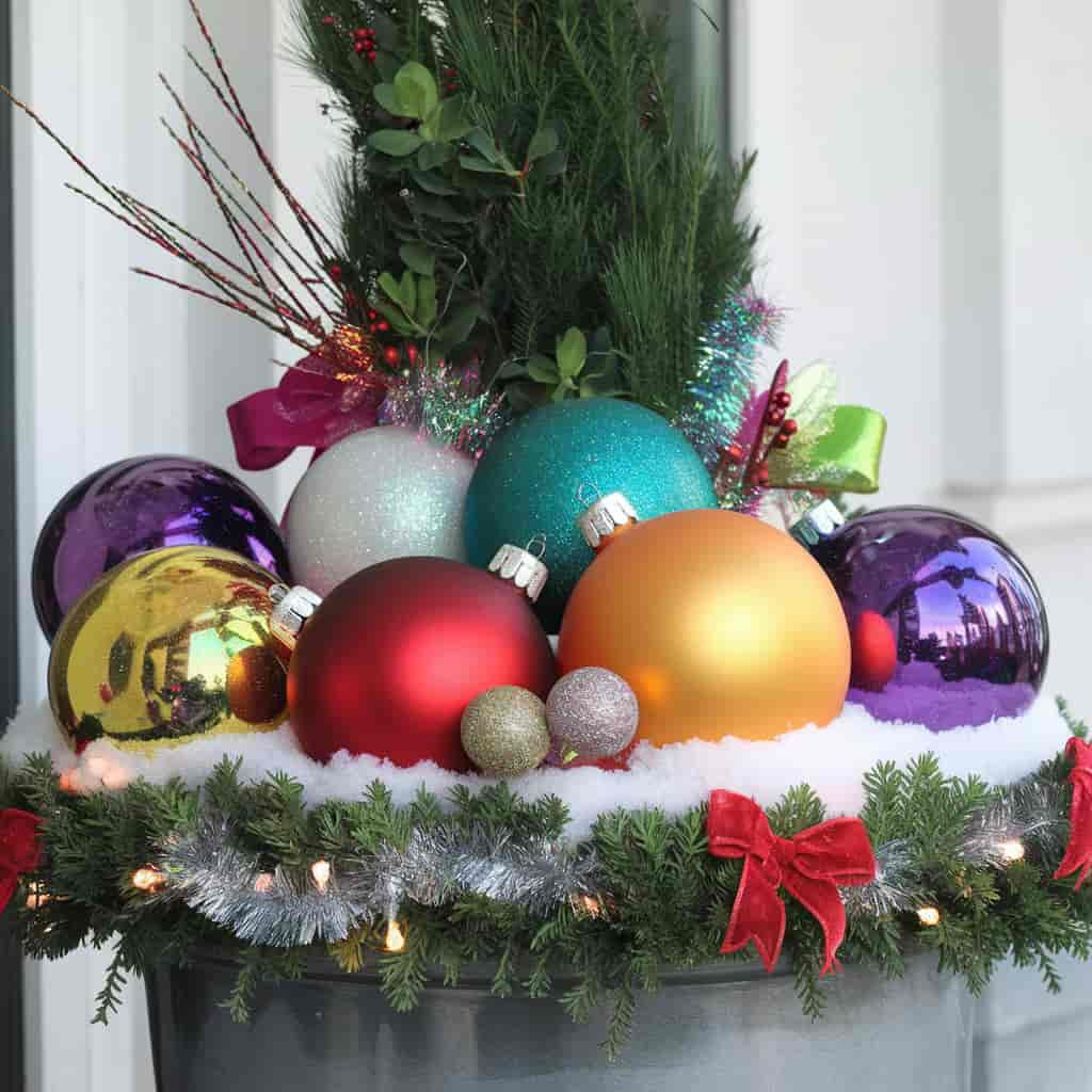 Outdoor Christmas Planters with Ornament Extravaganza