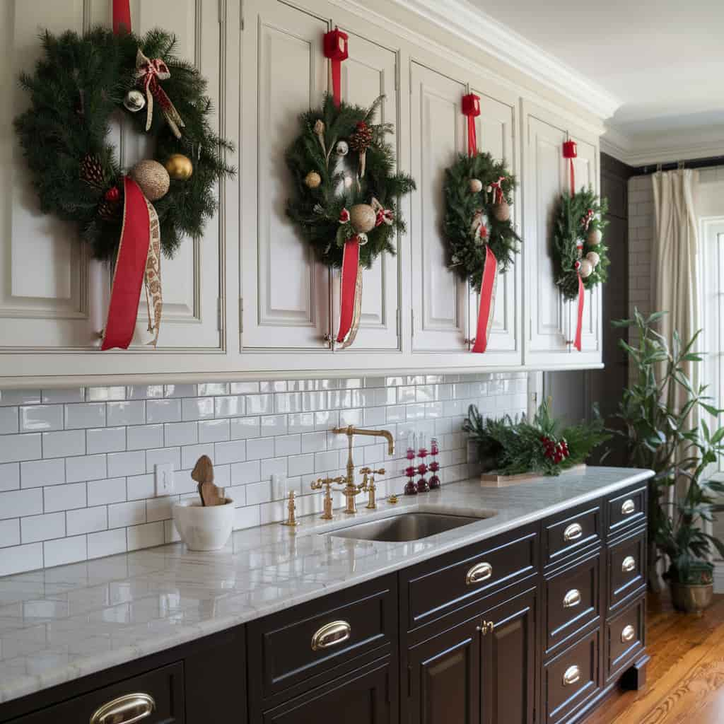 Christmas kitchen decor with Cabinet Wreaths