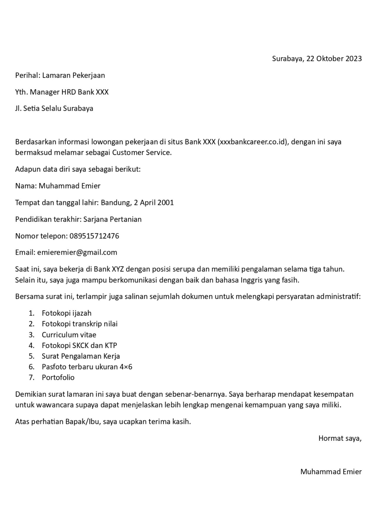 contoh surat lamaran kerja pdf lewat hp