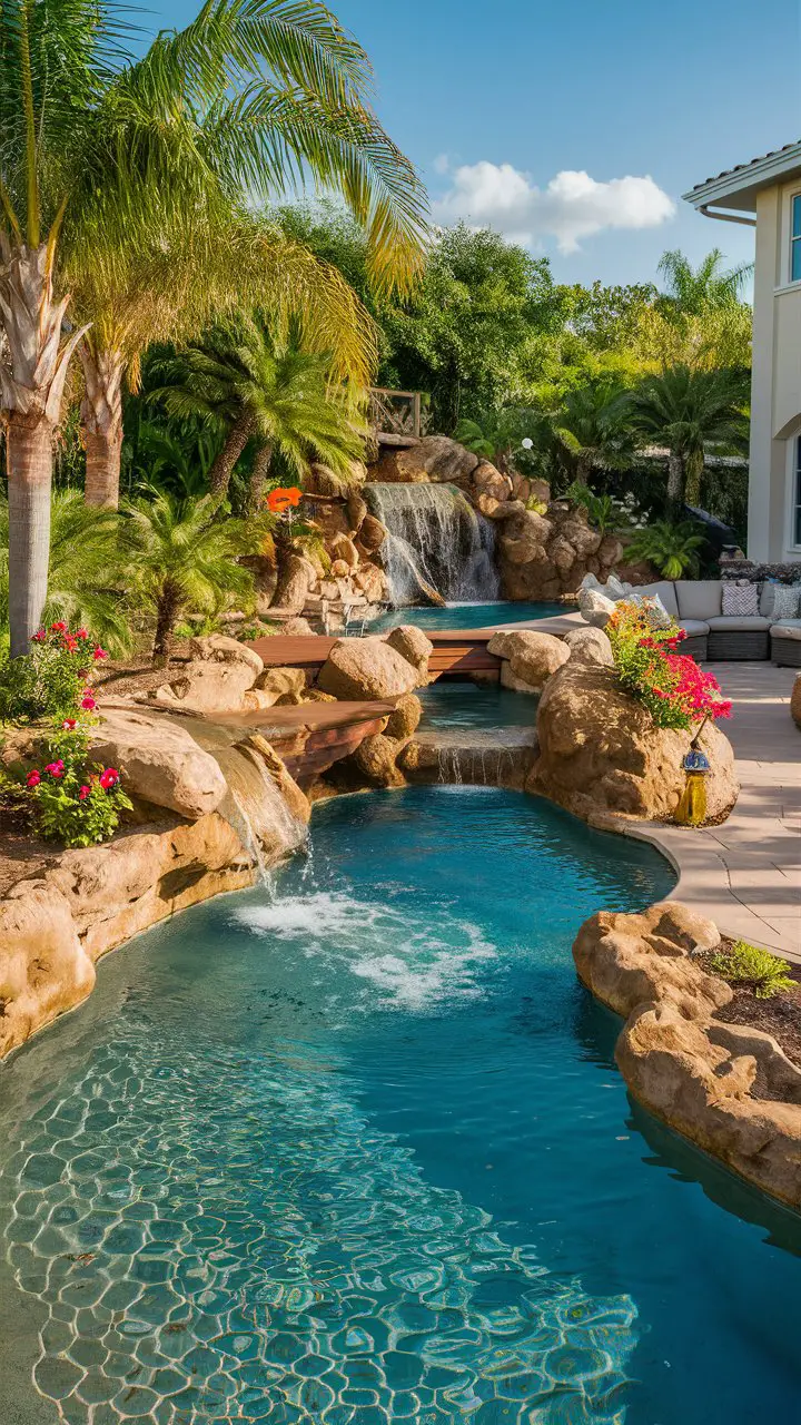 Lazy River Pool Backyard with Tropical Paradise