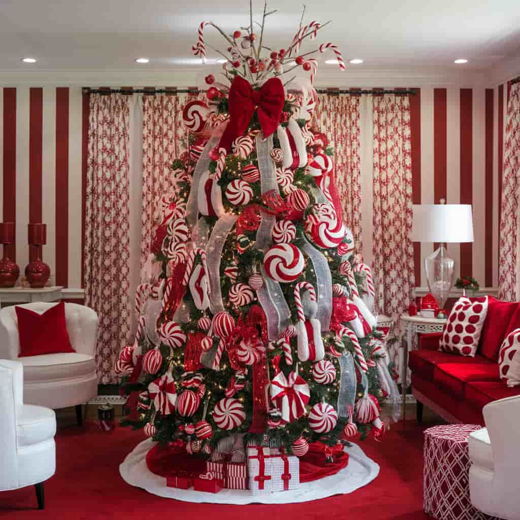 Red and White Christmas Decor with Candy Cane Themed Tree