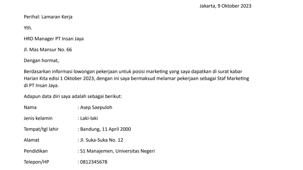 contoh surat lamaran kerja pdf lewat hp