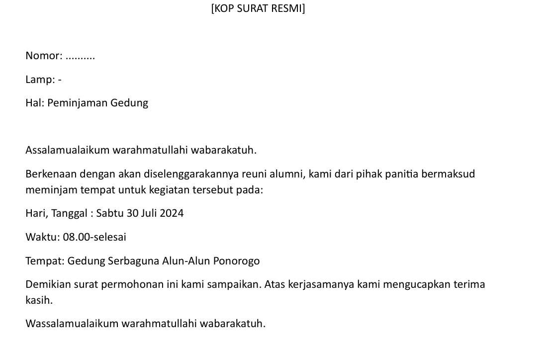 contoh surat peminjaman gedung