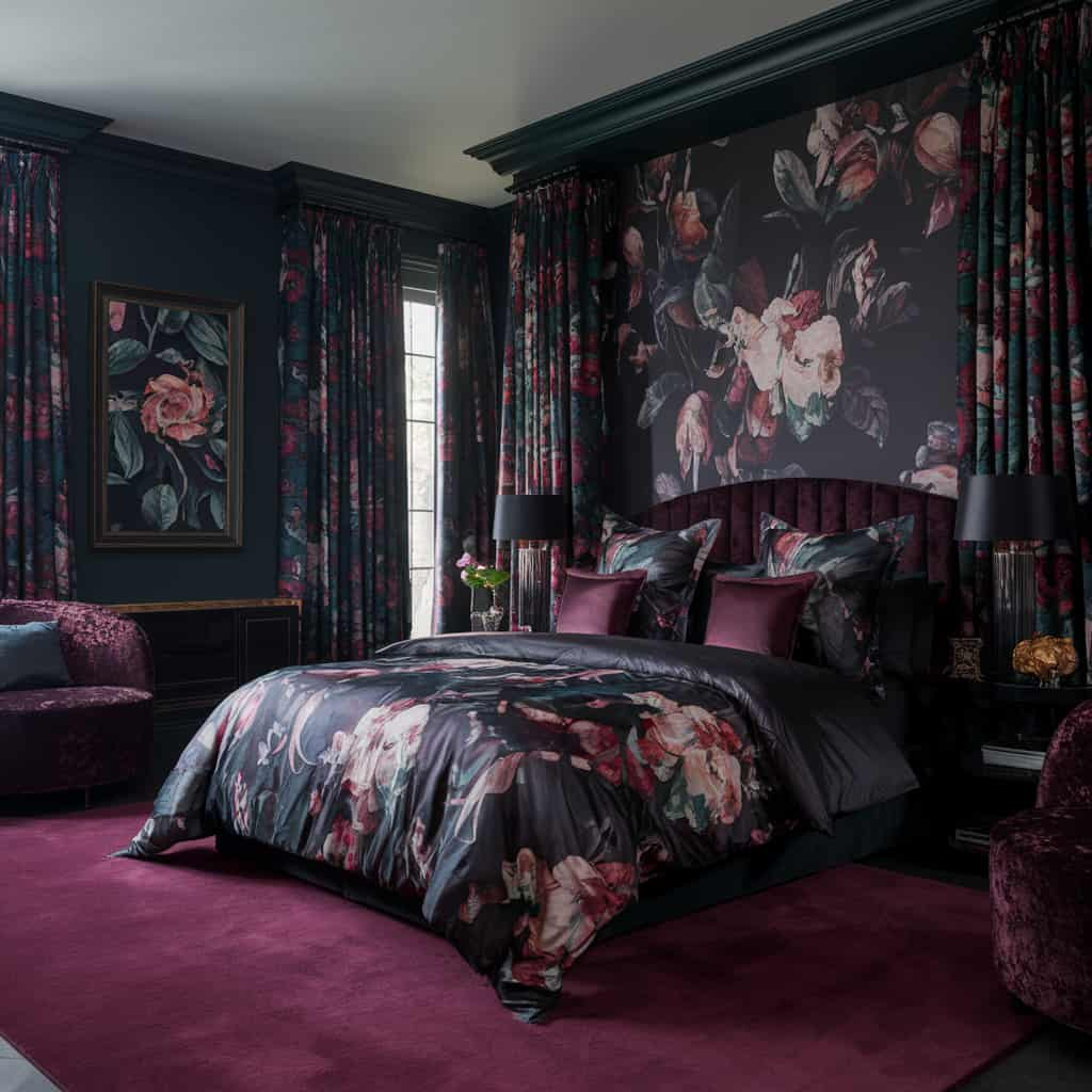 Dark Feminine Bedroom with Dark Floral Patterns