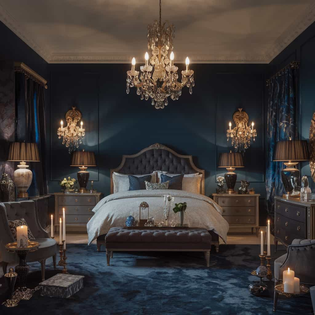 Dark Feminine Bedroom with Statement Lighting