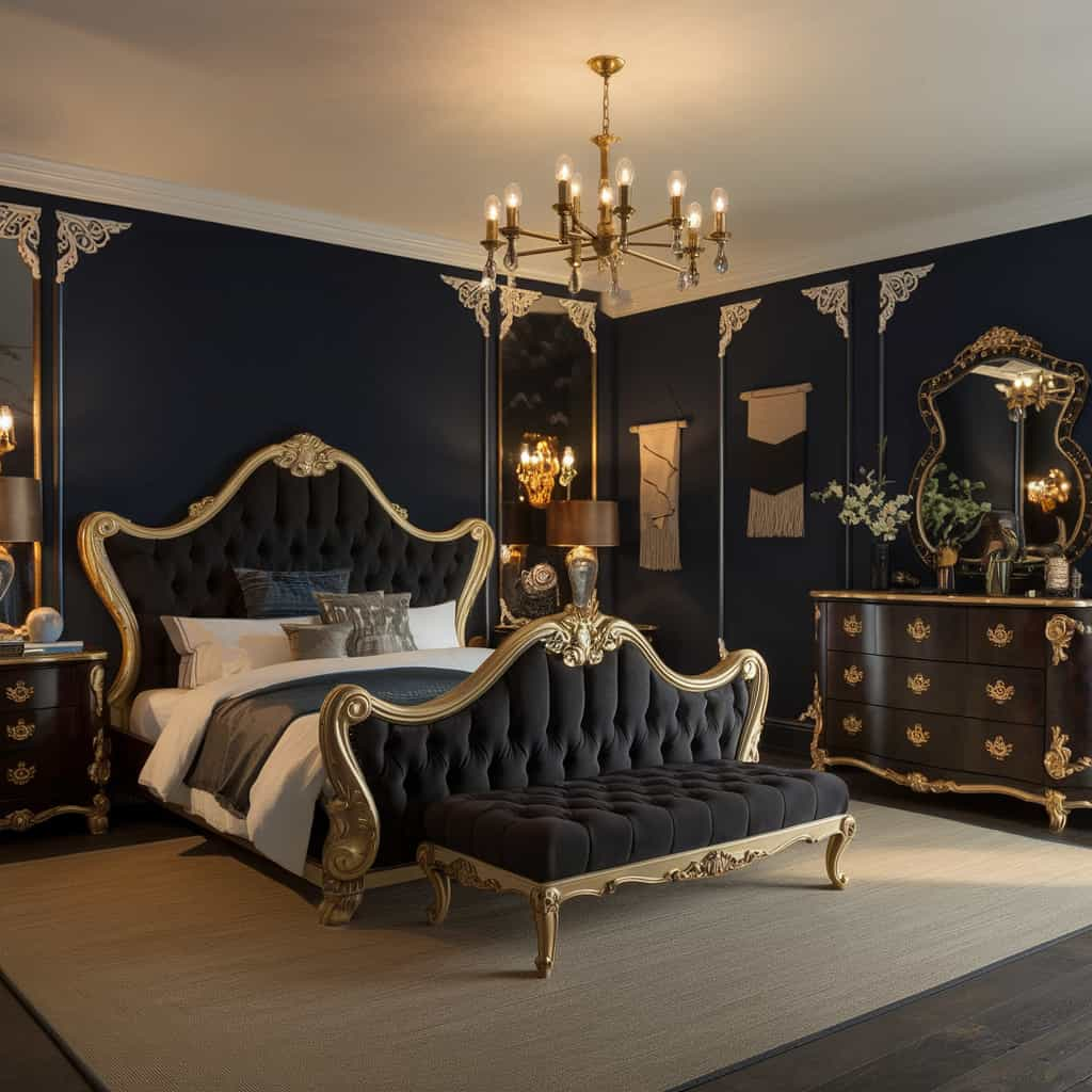 Dark Feminine Bedroom with Ornate Furniture