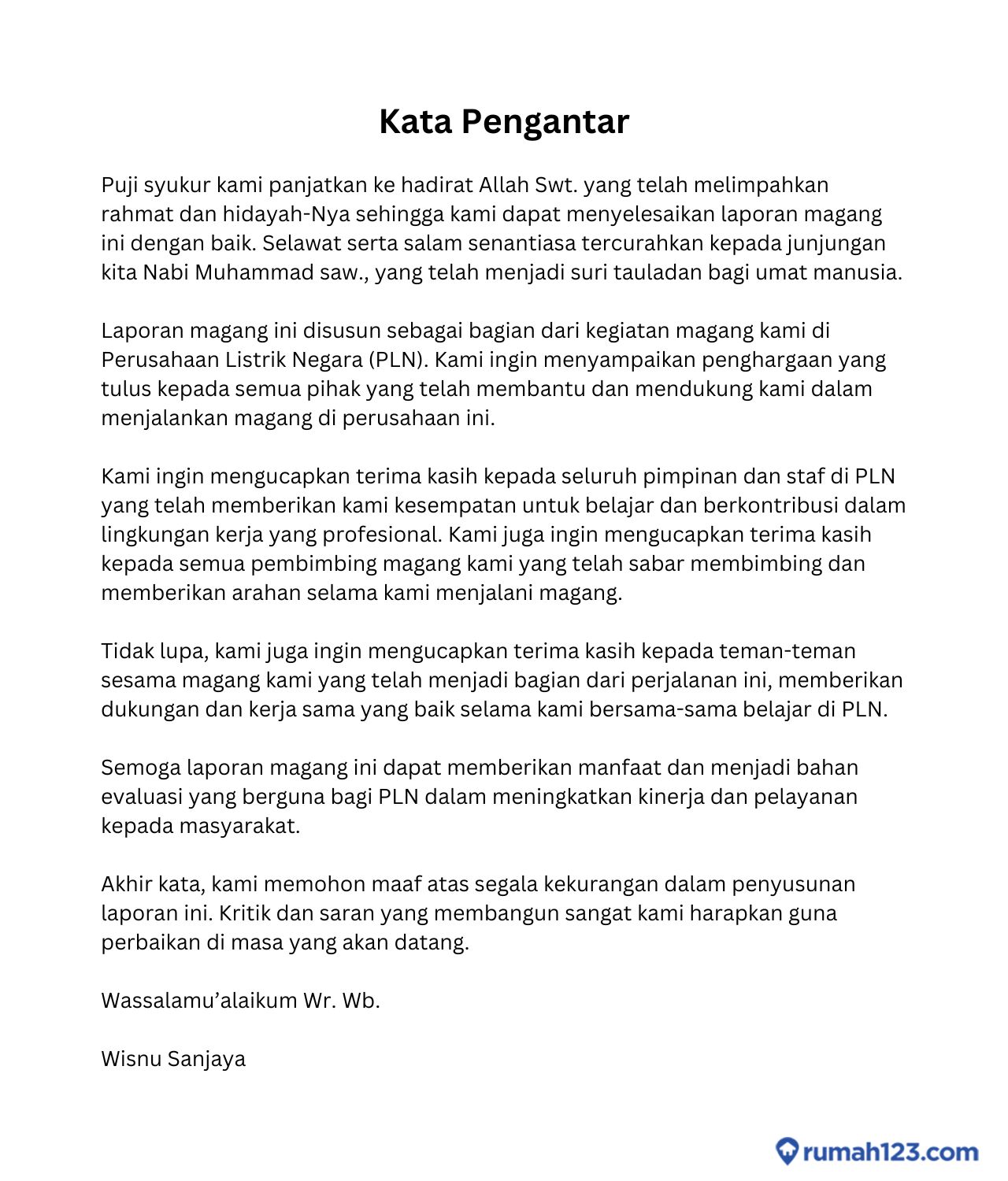 kata pengantar singkat laporan magang